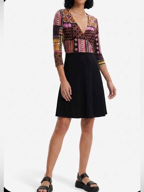 Desigual Dresses & Skirts - DESIGUAL Faux Wrap Dress XL Black Multicolor Abstract Print Stretch EUC